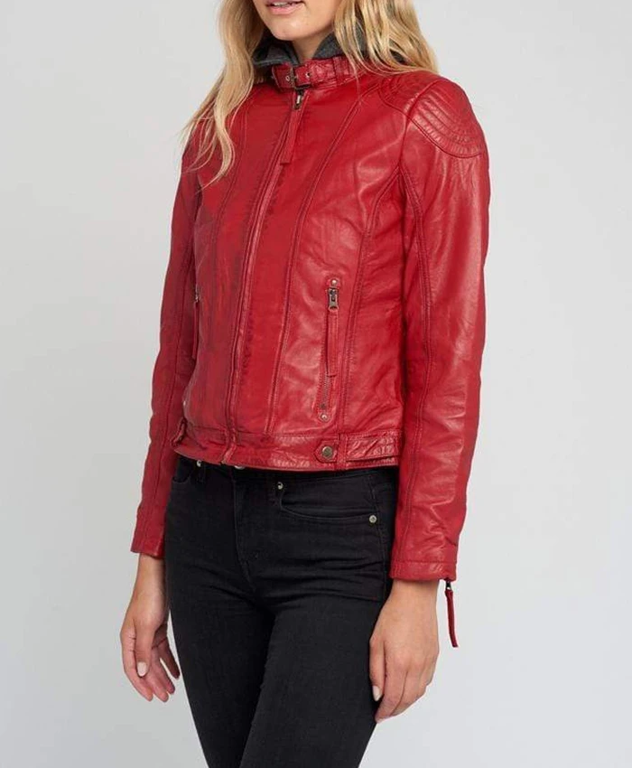 Eliza Removable Hooded Red Leather Jacket