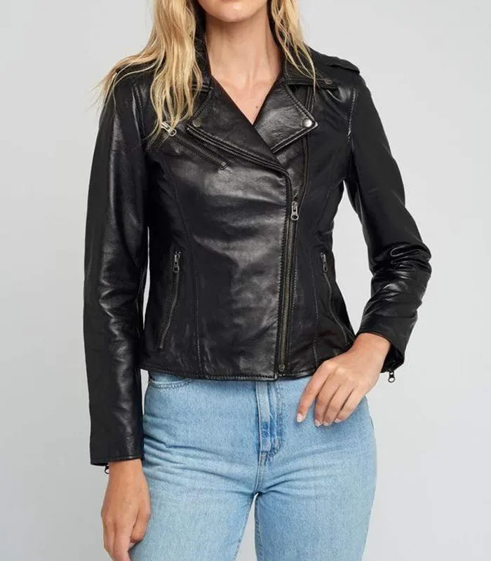 Ella Asymmetrical Notch Collar Womens Biker Leather Jacket