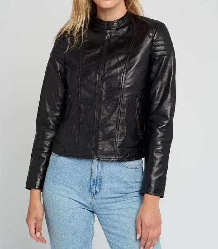 Hayley Quilted Black Cafe Racer Leather Jacket