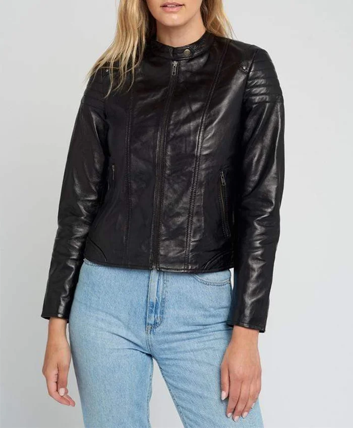 Hayley Quilted Black Cafe Racer Leather Jacket