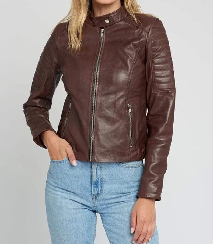 Hayley Quilted Brown Cafe Racer Leather Jacket