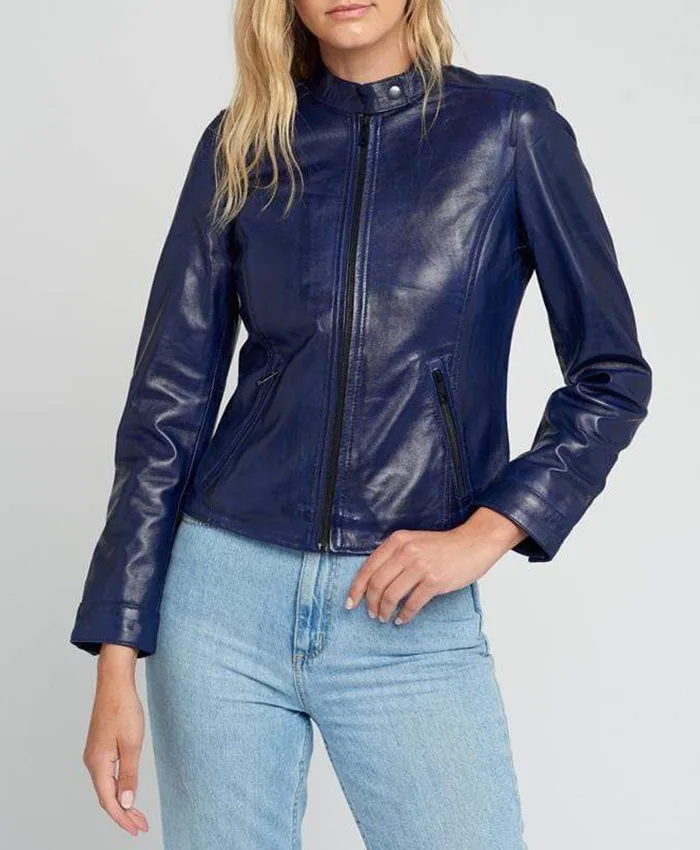 Jessy Stand Collar Blue Cafe Racer Leather Jacket