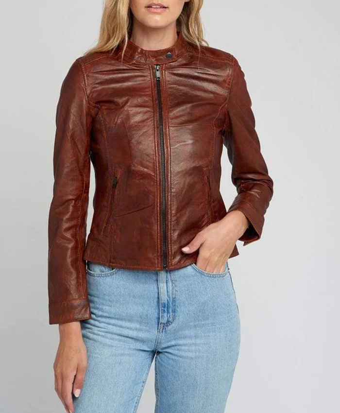 Jessy Stand Collar Brown Cafe Race Leather Jacket