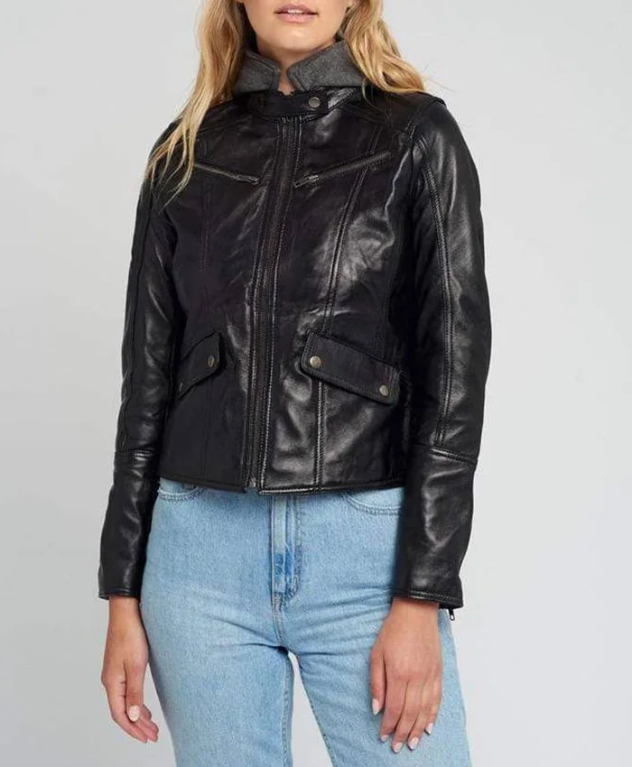 Kendra Cafe Racer Hooded Black Leather Jacket