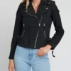 Liza Suede Notch Collar Black Leather Jacket