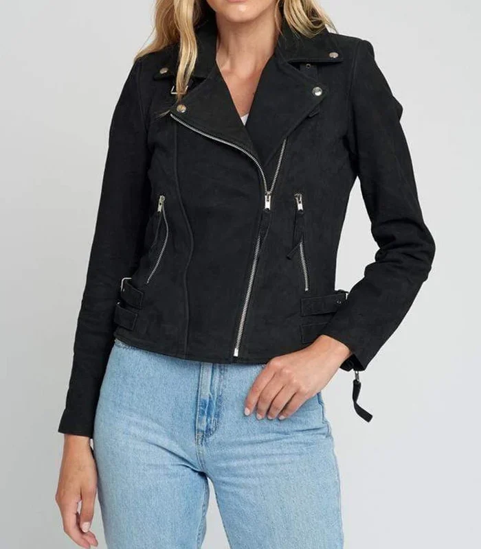 Liza Suede Notch Collar Black Leather Jacket