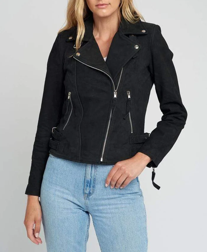 Liza Suede Notch Collar Black Leather Jacket