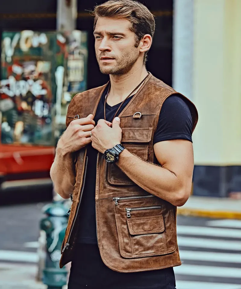 Mens-Brown-Retro-Mult-Pockets-Leather-Vest-3