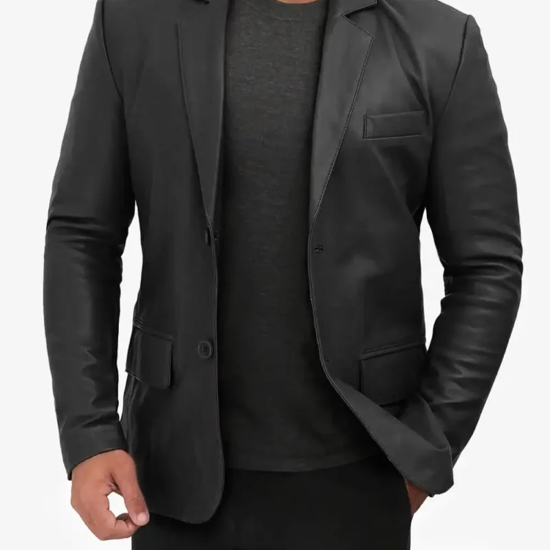 Mens-Casual-Black-Leather-Blazer