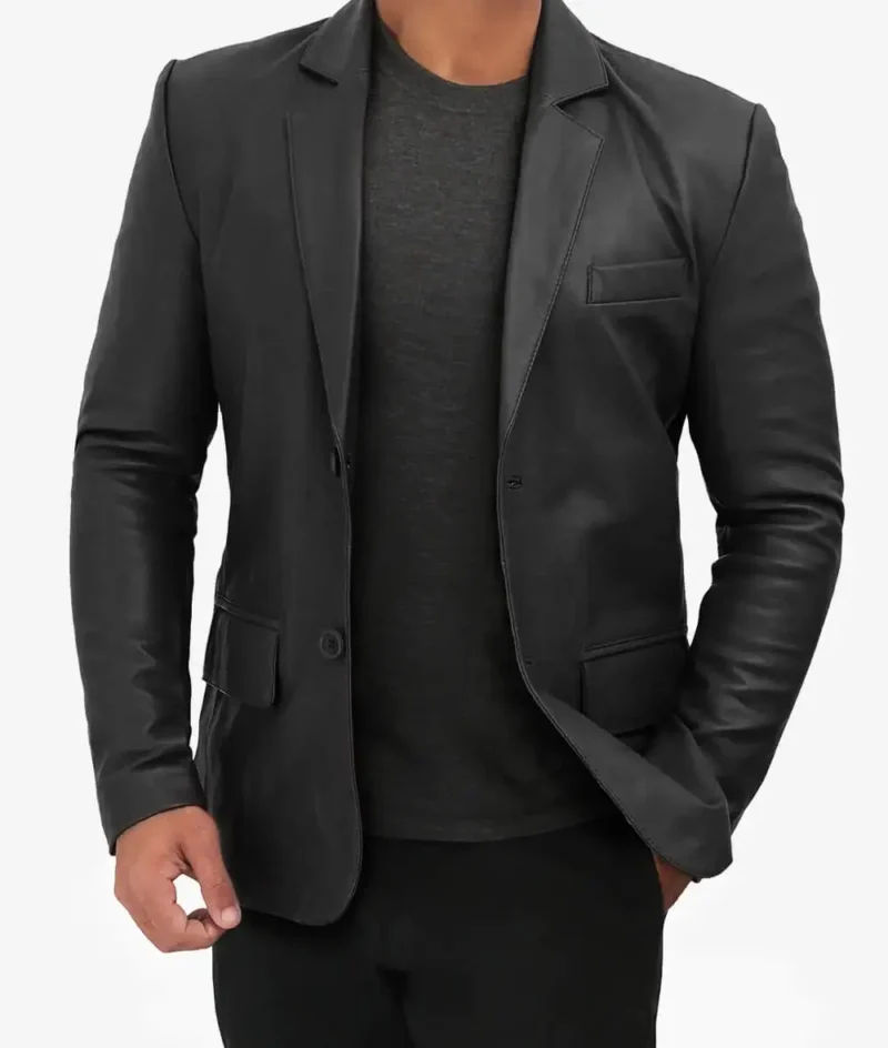 Mens-Casual-Black-Leather-Blazer