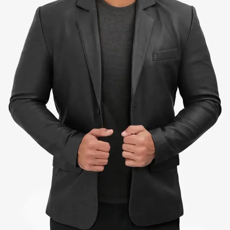 Mens-Casual-Black-Leather-Blazer-front-1