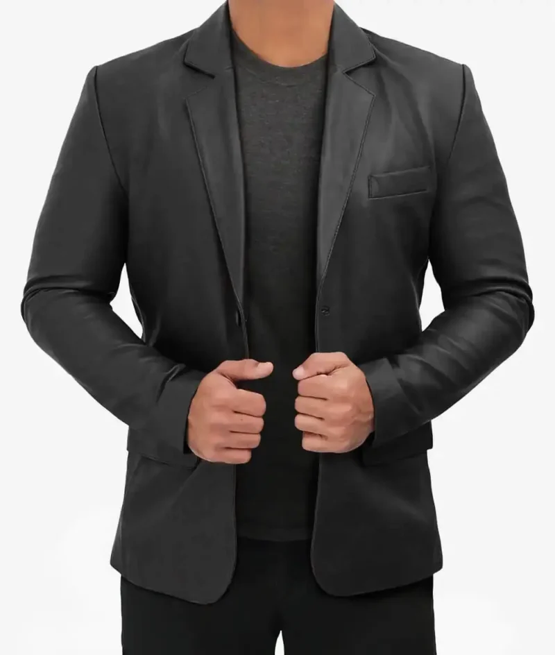 Mens-Casual-Black-Leather-Blazer-front-1