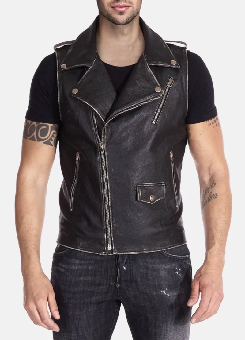 Mens-Distressed-Black-Leather-Biker-Vest