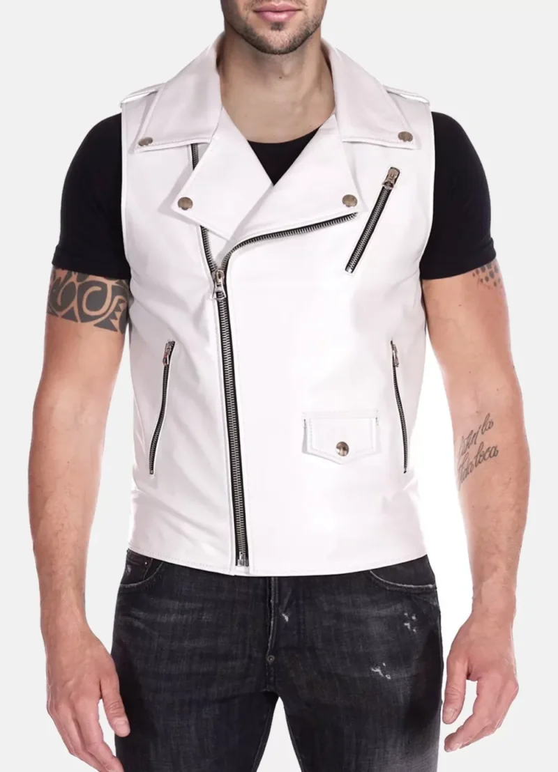 Mens-white-leather-Biker-vest