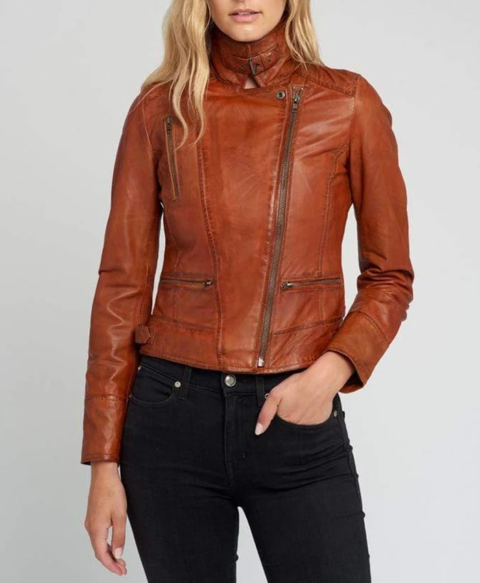 Monica Ladies Tanned Asymmetrical Moto Brown Leather Jacket