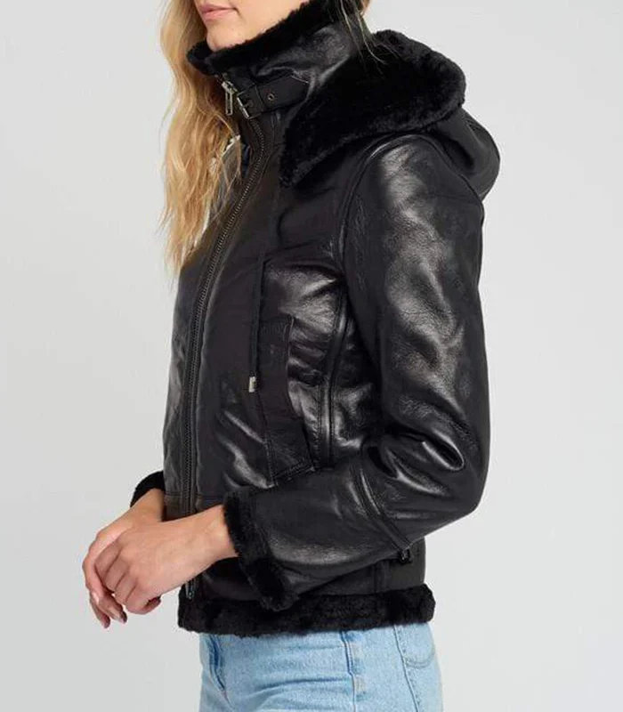 Order Cairtlin Fur Faux Black Shearling Leather Jacket