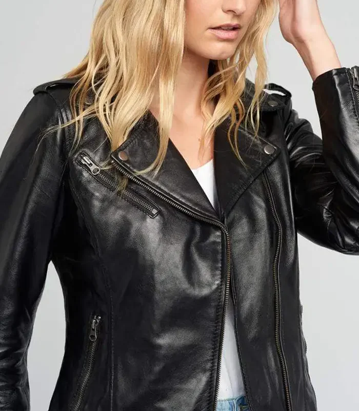 Order Ella Asymmetrical Notch Collar Womens Biker Leather Jacket