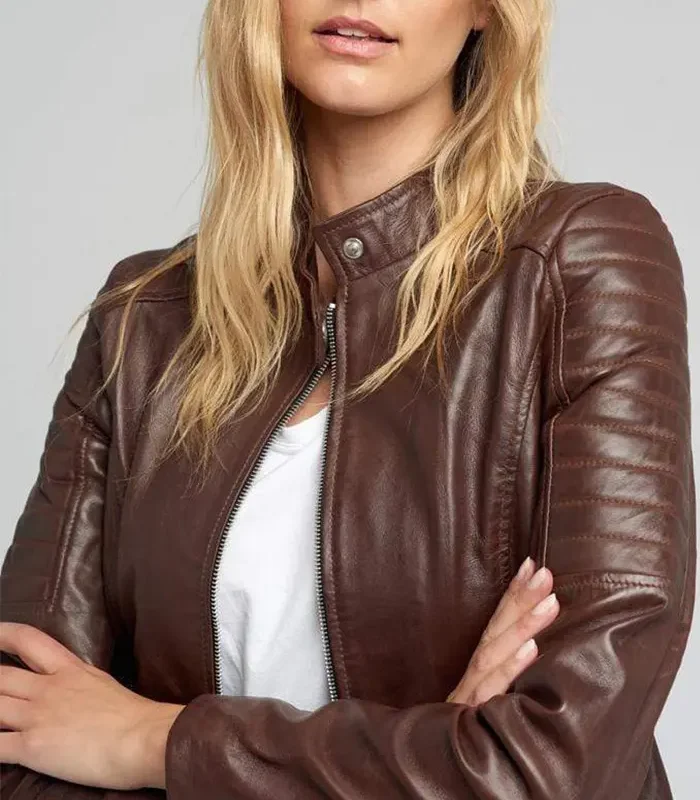 Order Hayley Quilted Brown Cafe Racer Leather Jacket