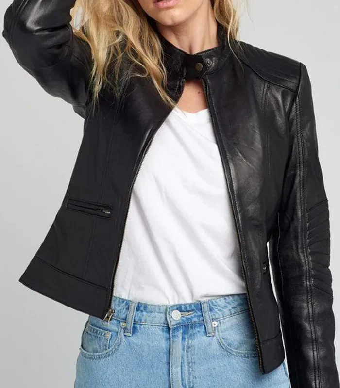 Order Womens Cafe Racer Quilted Shoulder Black Leather Jacket