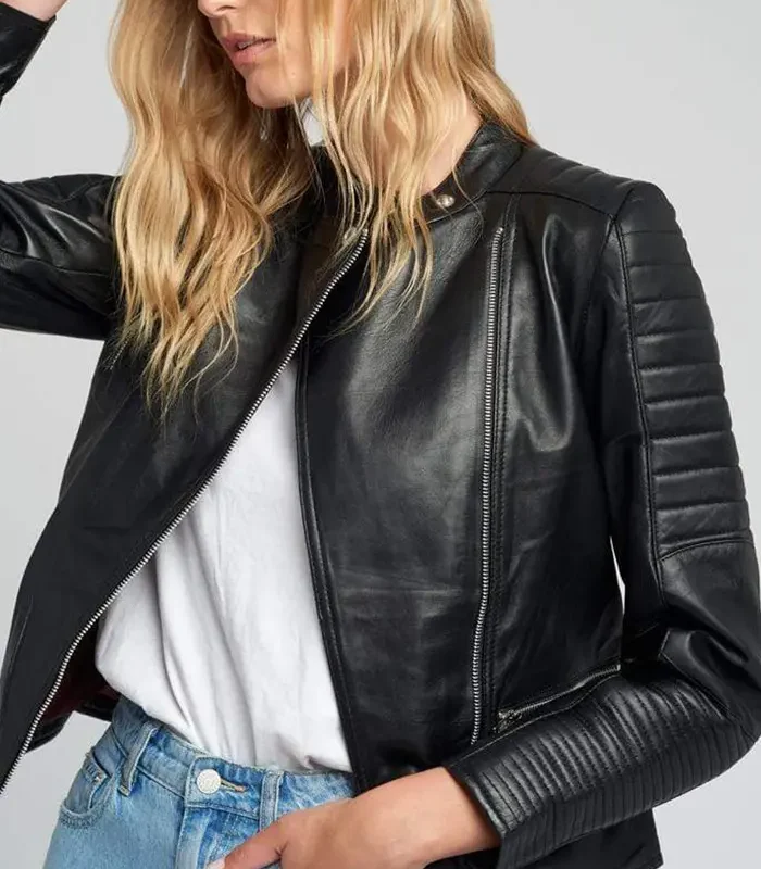 Order Womens Quilted Standing Collar Black Leather Jacket