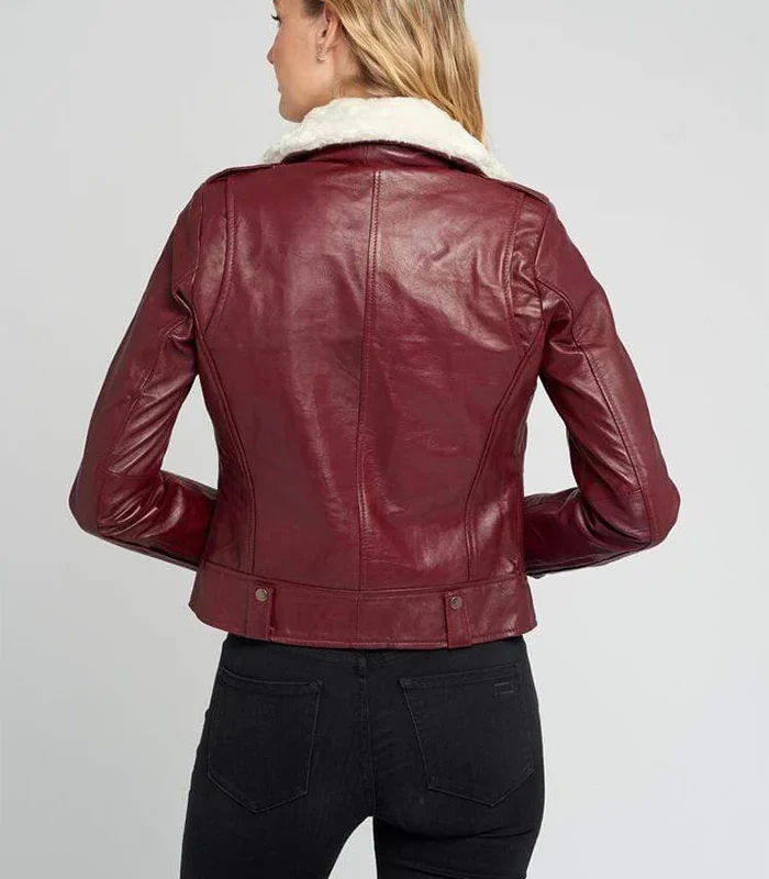 Order Womens Shearling Fur Collar Maroon Biker Leather Jacket