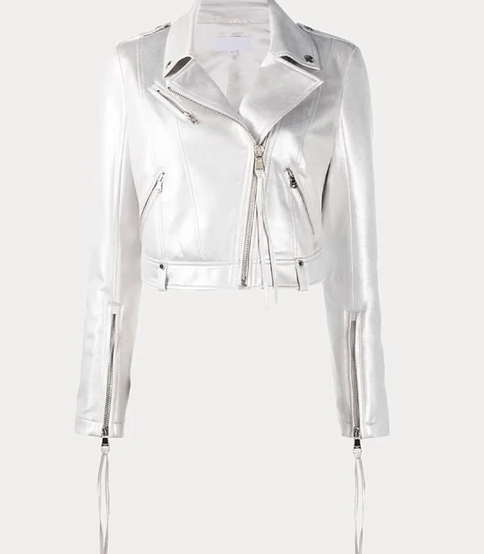 Order Womens White Metallic Biker Leather Jacket