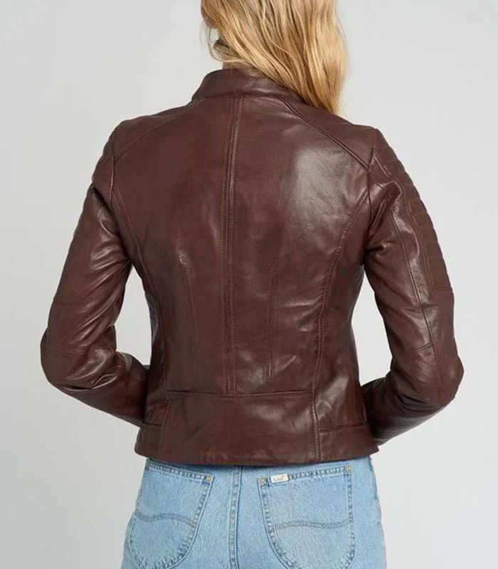 Purchase Hayley Quilted Brown Cafe Racer Leather Jacket