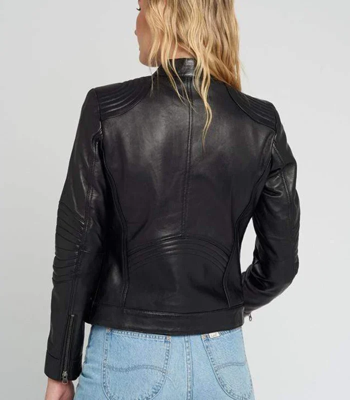 Purchase Womens Cafe Racer Quilted Shoulder Black Leather Jacket