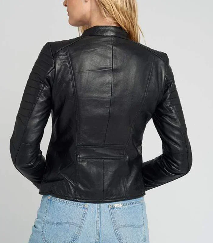 Purchase Womens Quilted Standing Collar Black Leather Jacket