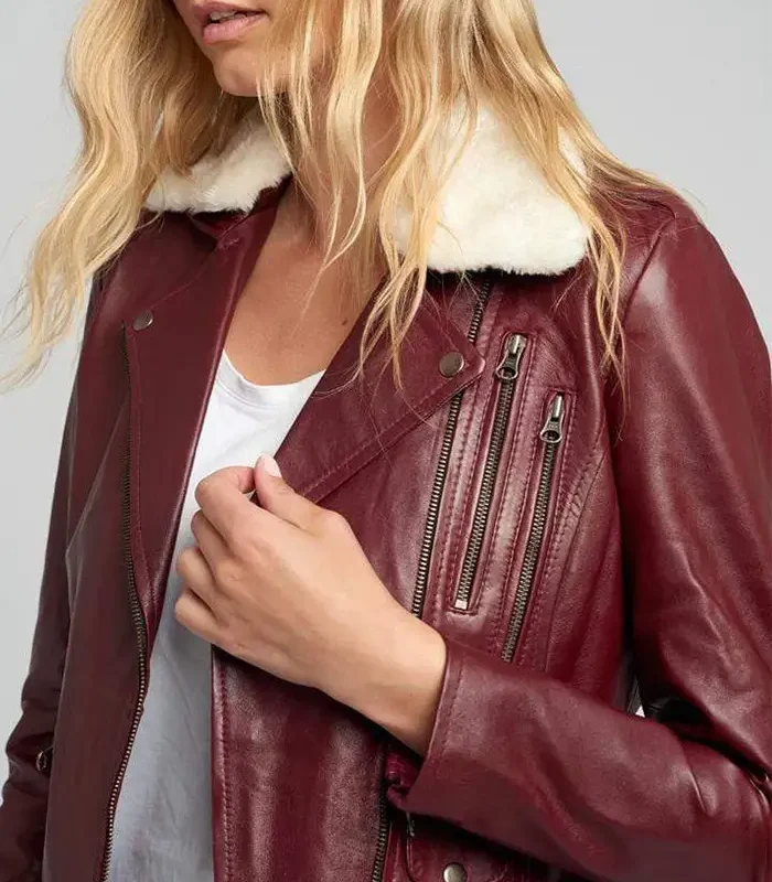 Purchase Womens Shearling Fur Collar Maroon Biker Leather Jacket