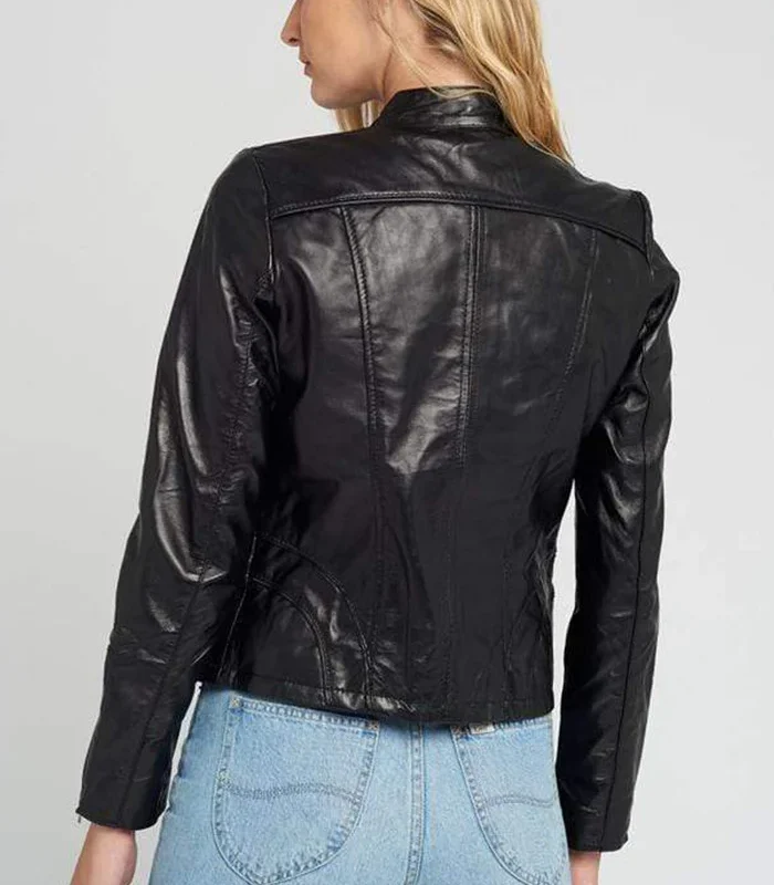 Purdchase Womens Cafe Racer Tab Collar Black Leather Jacket