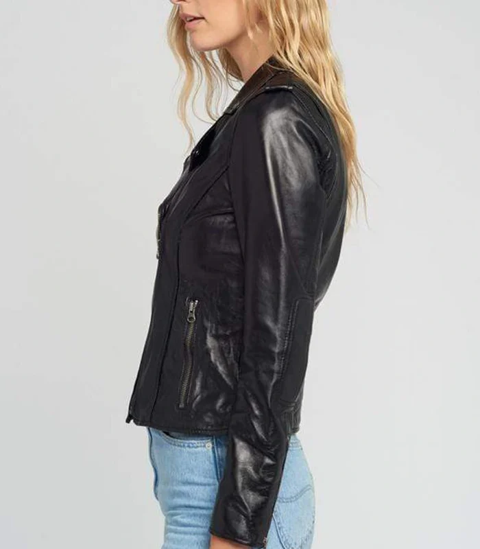 Shop Ella Asymmetrical Notch Collar Womens Biker Leather Jacket