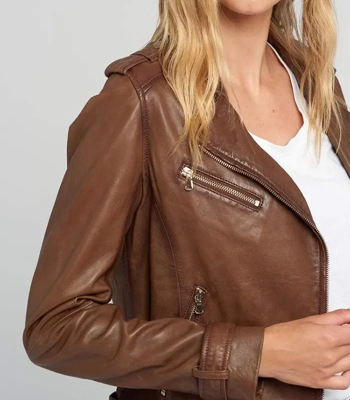 Shop Ella Brown Vintage Biker Leather Jacket