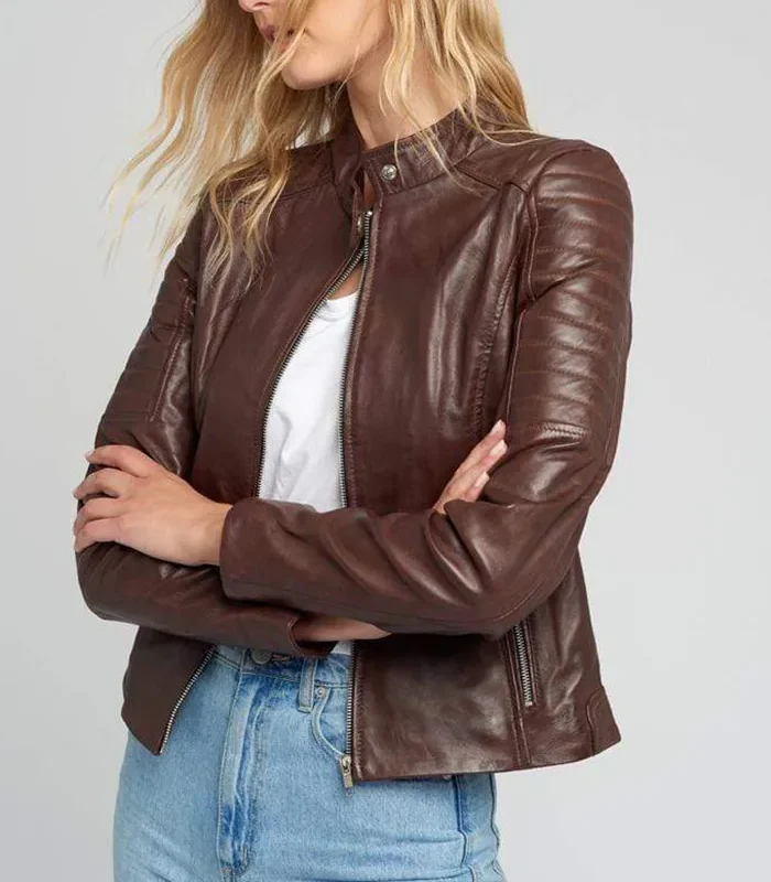 Shop Hayley Quilted Brown Cafe Racer Leather Jacket