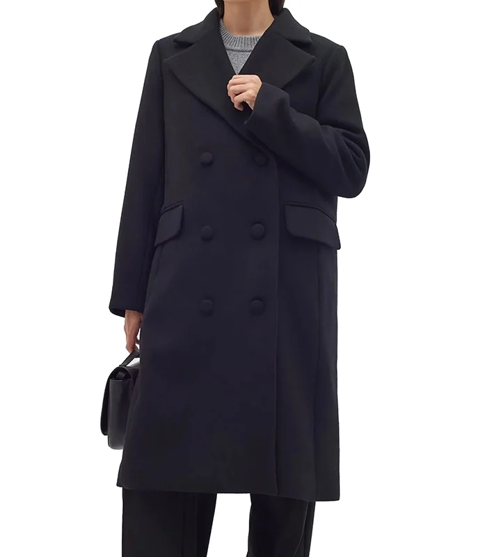 Shop Perryiw Full Black Double Breasted Wool Coat