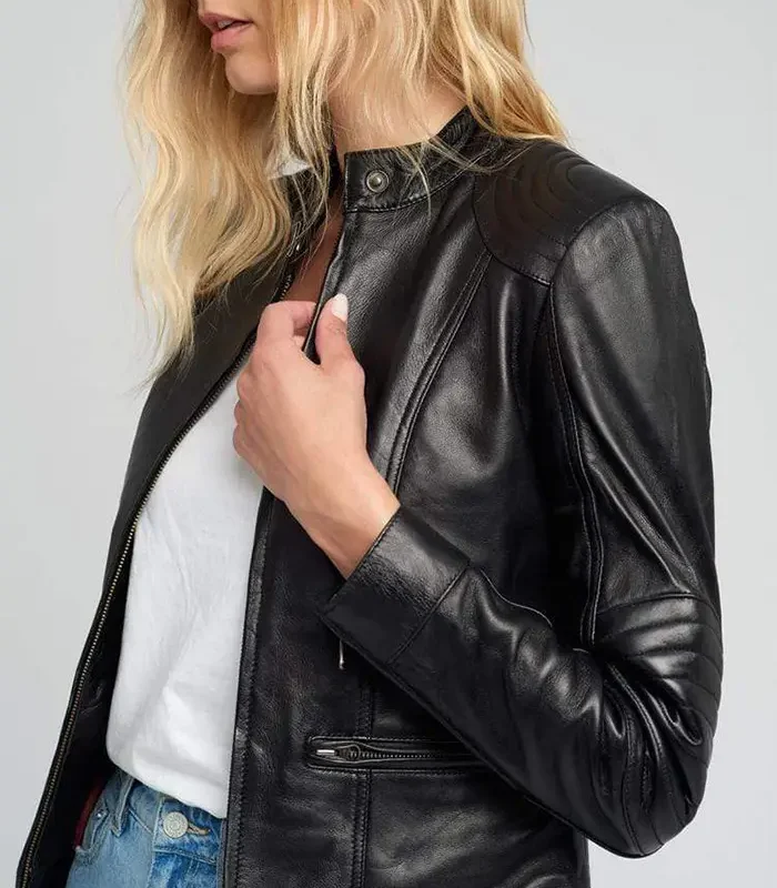 Shop Womens Cafe Racer Quilted Shoulder Black Leather Jacket