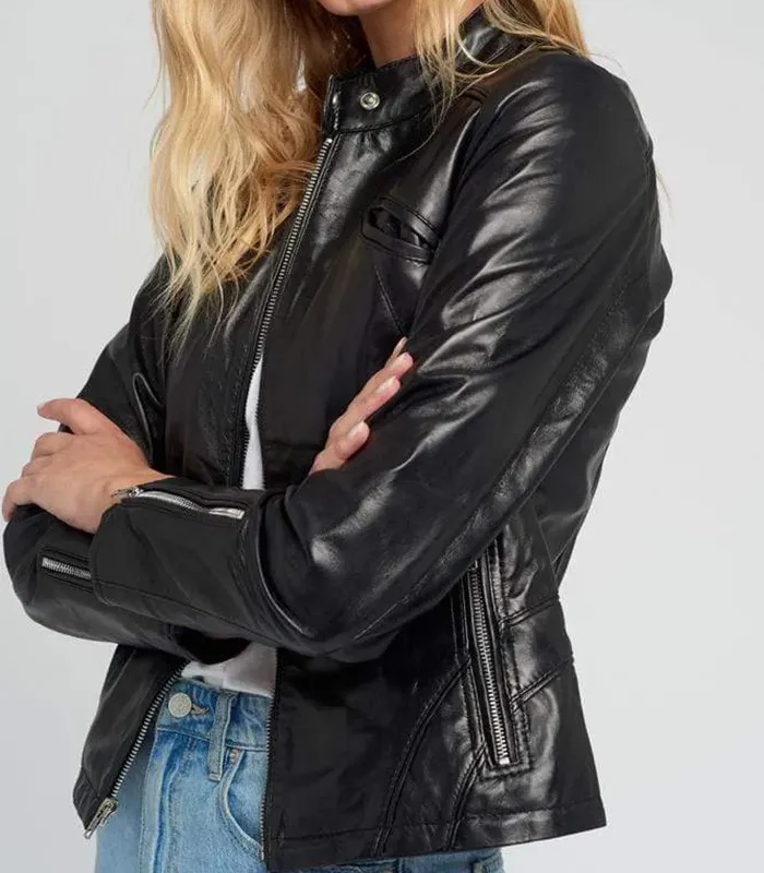 Shop Womens Cafe Racer Tab Collar Black Leather Jacket