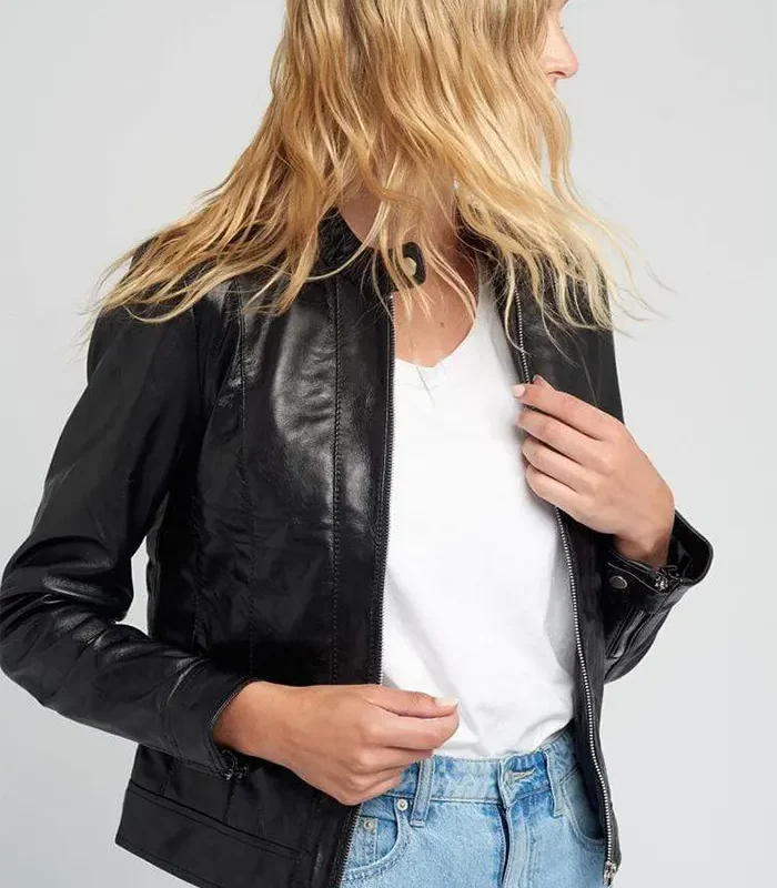 Shop Womens Jami Classic Cafe Racer Black Leather Jacket