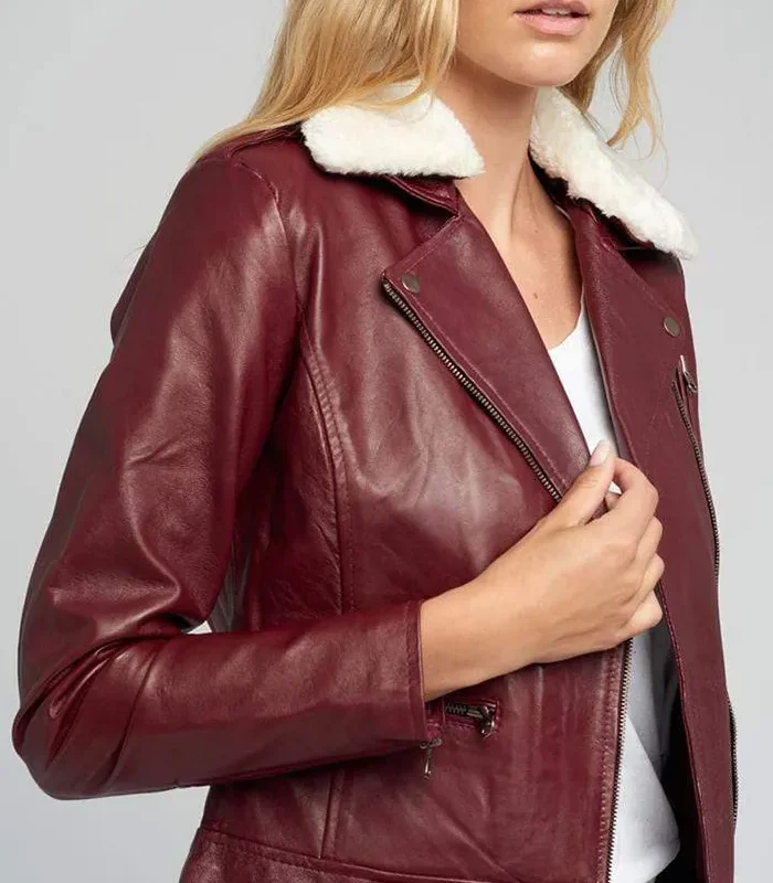 Shop Womens Shearling Fur Collar Maroon Biker Leather Jacket