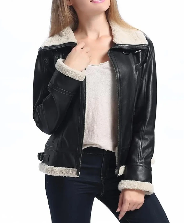 Women B3 Bomber Black Shearling Leather Jacket