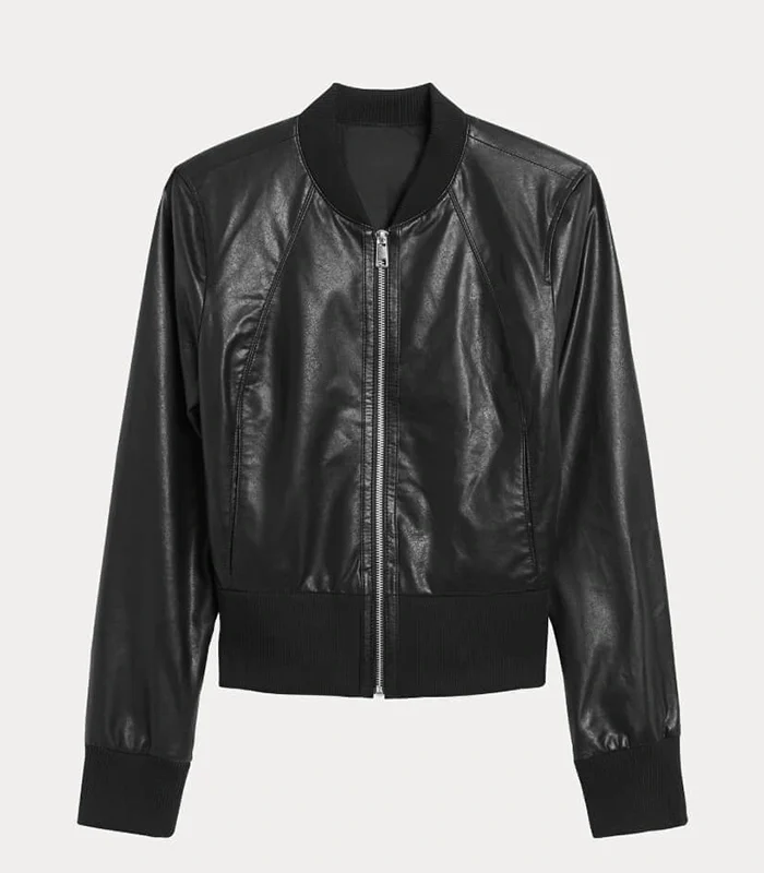 Women Cropped Black Bomber Leather Jacket