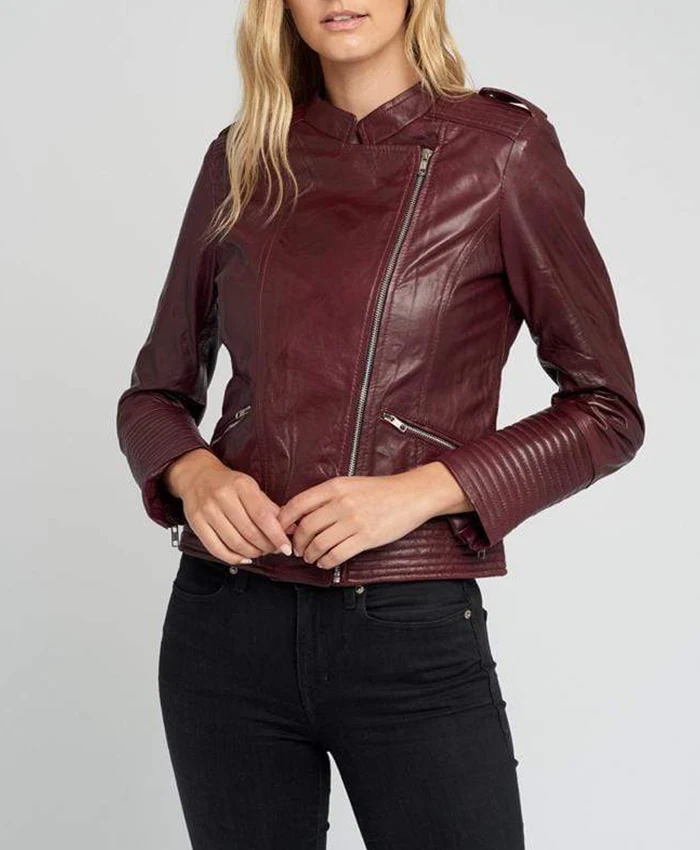 Womens Asymmetric Dark Maroon Cafe Racer Leather Jacket