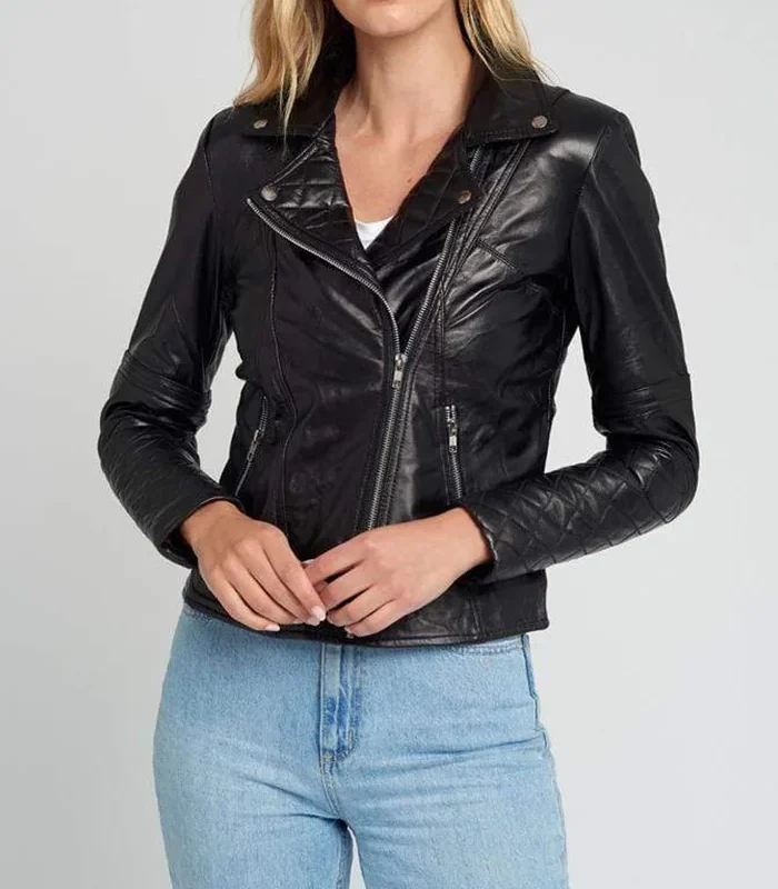 Womens Asymmetrical Black Quilted Moto Leather Jacket