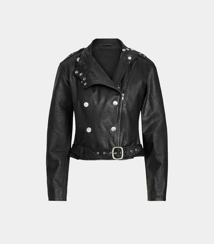 Womens Belted Black Sheepskin Moto Leather Jacket