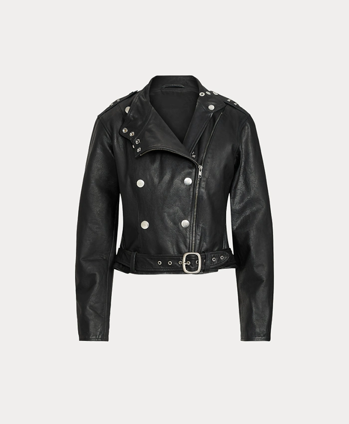 Womens Belted Black Sheepskin Moto Leather Jacket