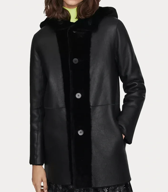 Womens Black Hooded Simple Lambskin Shearling Coat