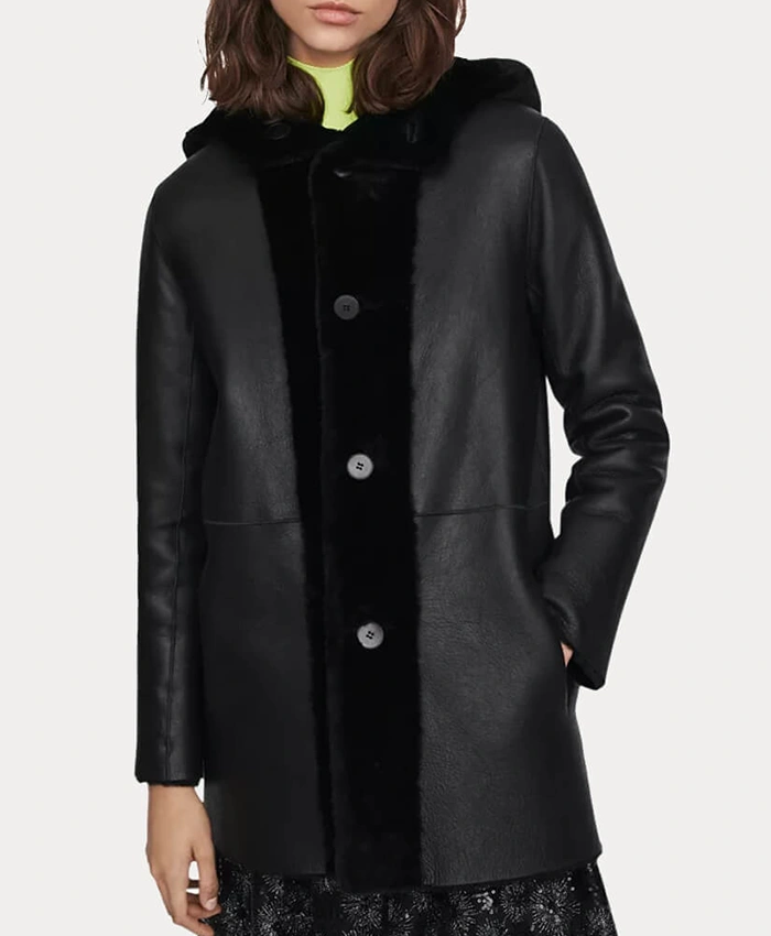 Womens Black Hooded Simple Lambskin Shearling Coat