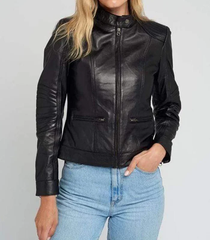 Womens Cafe Racer Quilted Shoulder Black Leather Jacket