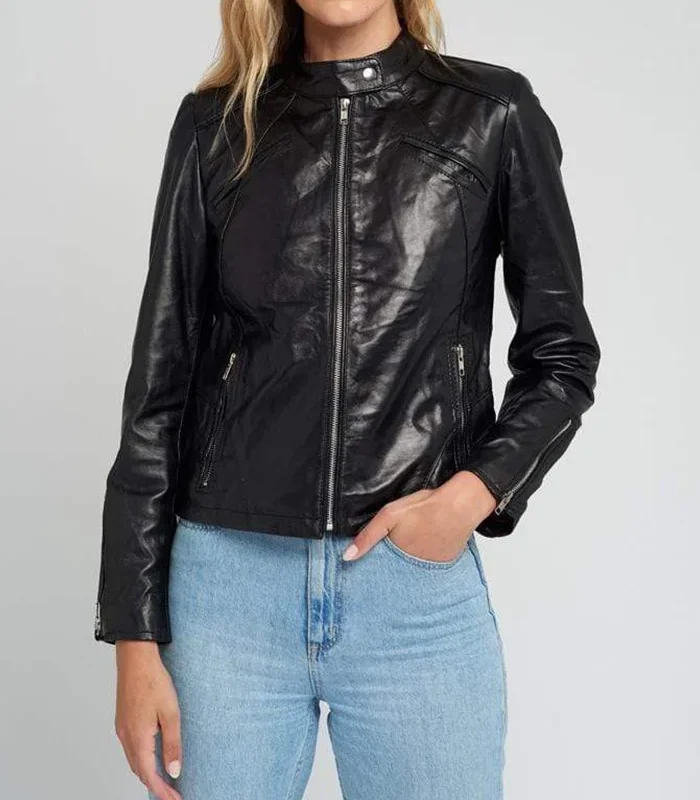 Womens Black Tab Collar Cafe Racer Black Leather Jacket