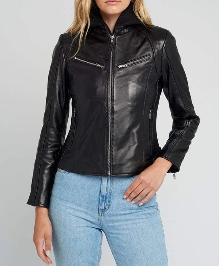 Womens Callie Hooded Black Leather Jacket